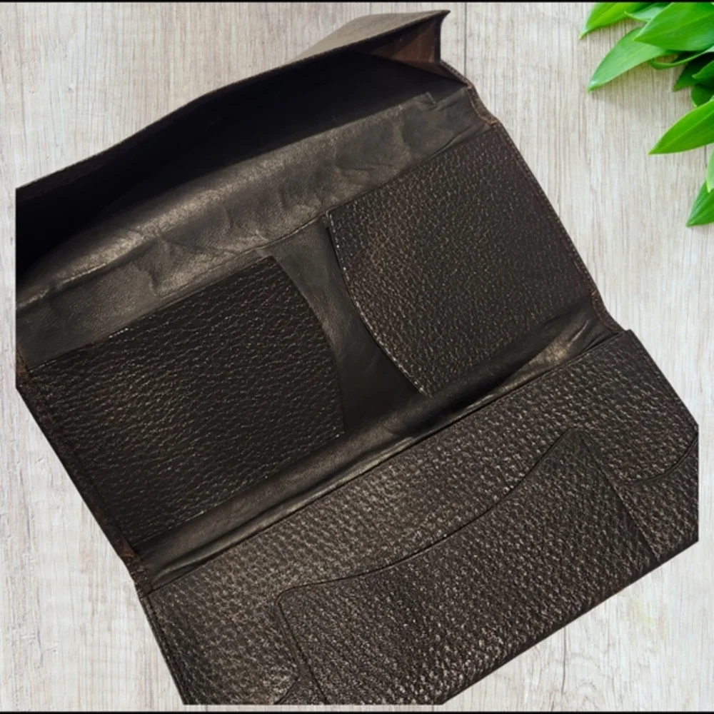 VTG Antique Pebbled Leather Stitched 3 Fold Vest Pocket Long Wallet Bill Fold 9